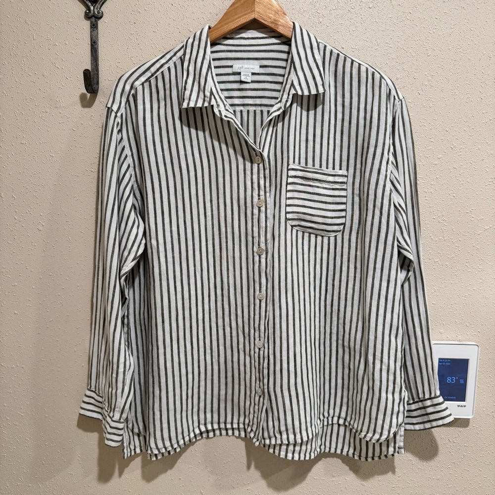 J. Jill  Love Linen Button Down Shirt Classic Striped  Med Petite
